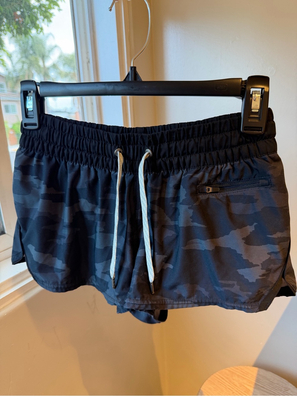 Vuori Black Camo Athletic Running Shorts with White Drawcord